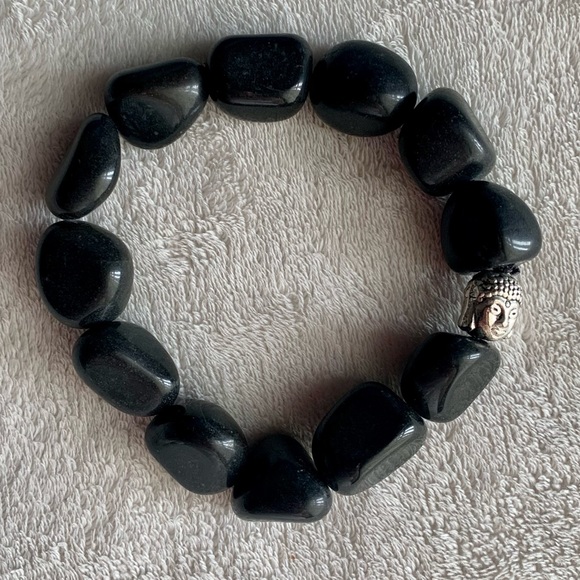 Black Agate Stone Buddha Head Bead Bracelet - Picture 2 of 5